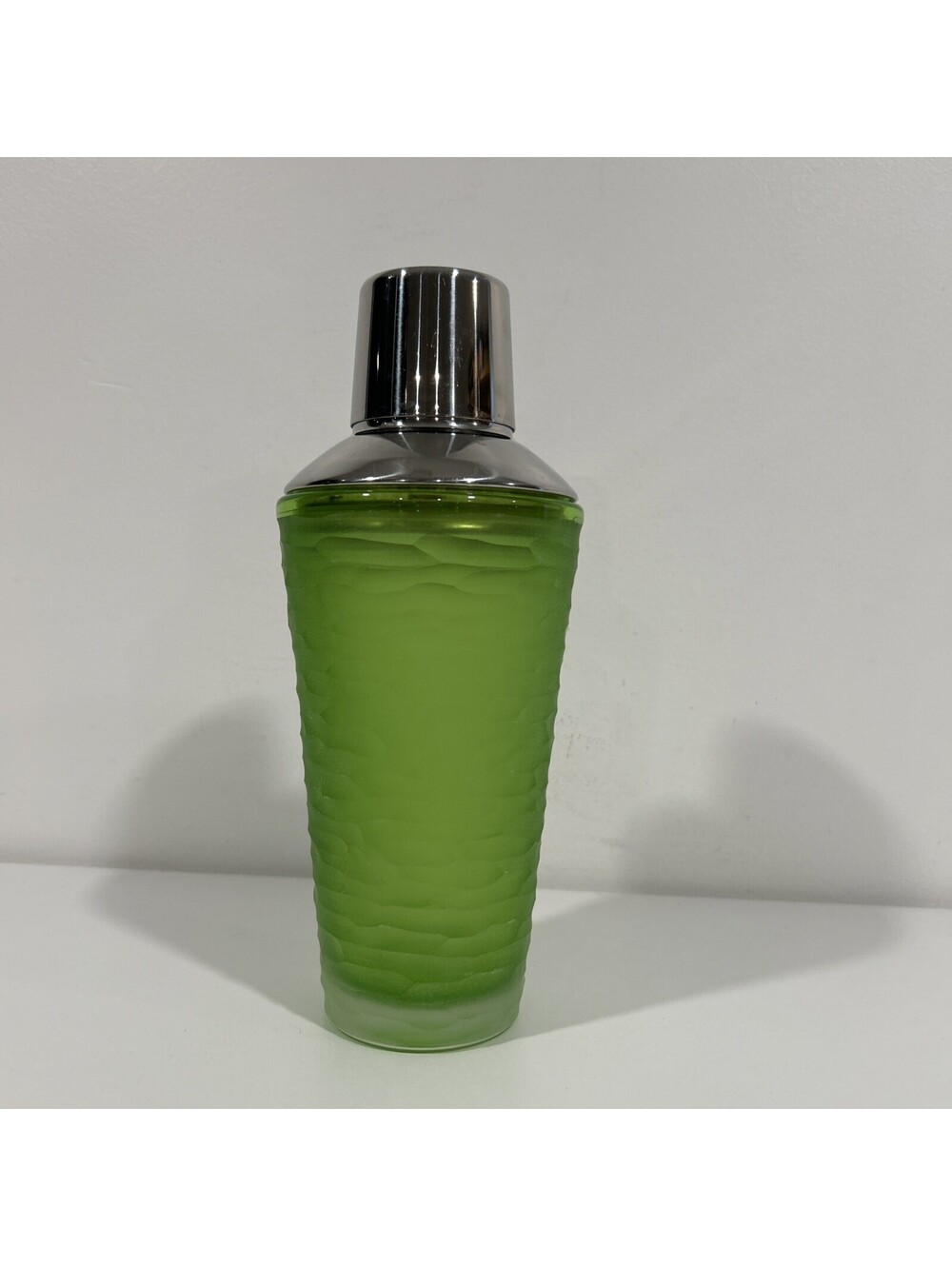 Mid Century Modern Heavy Glass Etched Green Cocktail Shaker Vintage Barware 9.5”